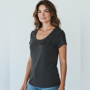 Escada Black Embellished Shoulder Short Sleeve T-Shirt Top Scoop Neck Small